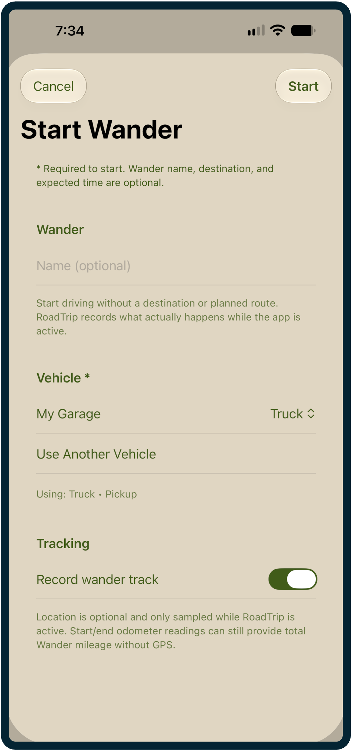 Start Wander screen with optional tracking