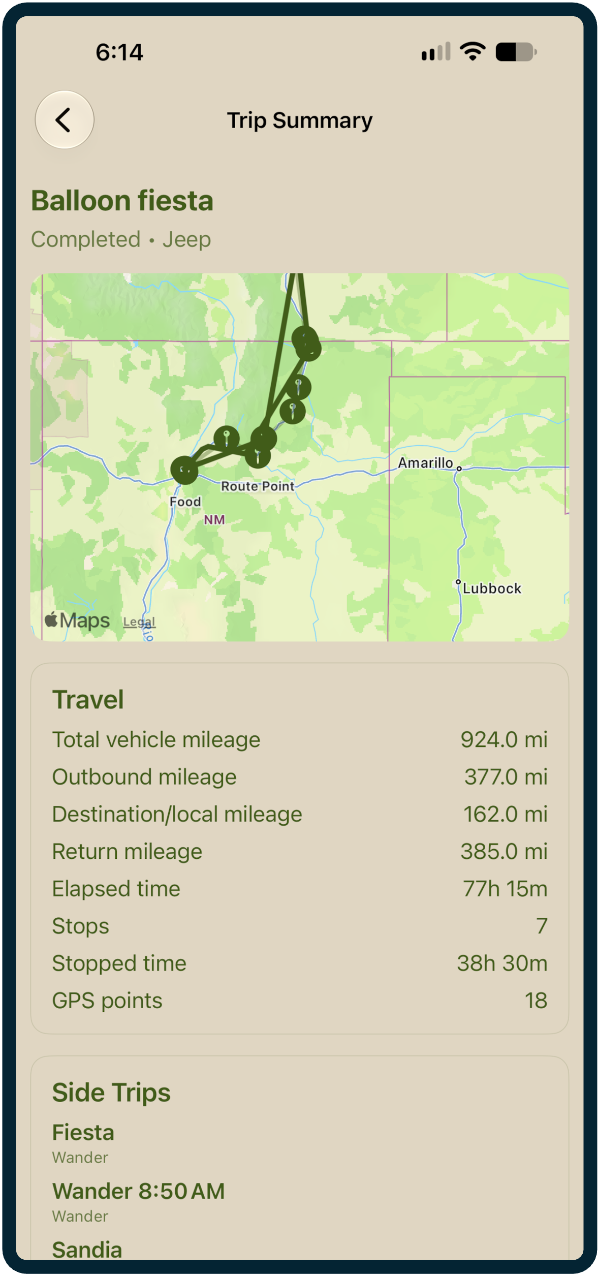 RoadTrip completed-trip map and summary