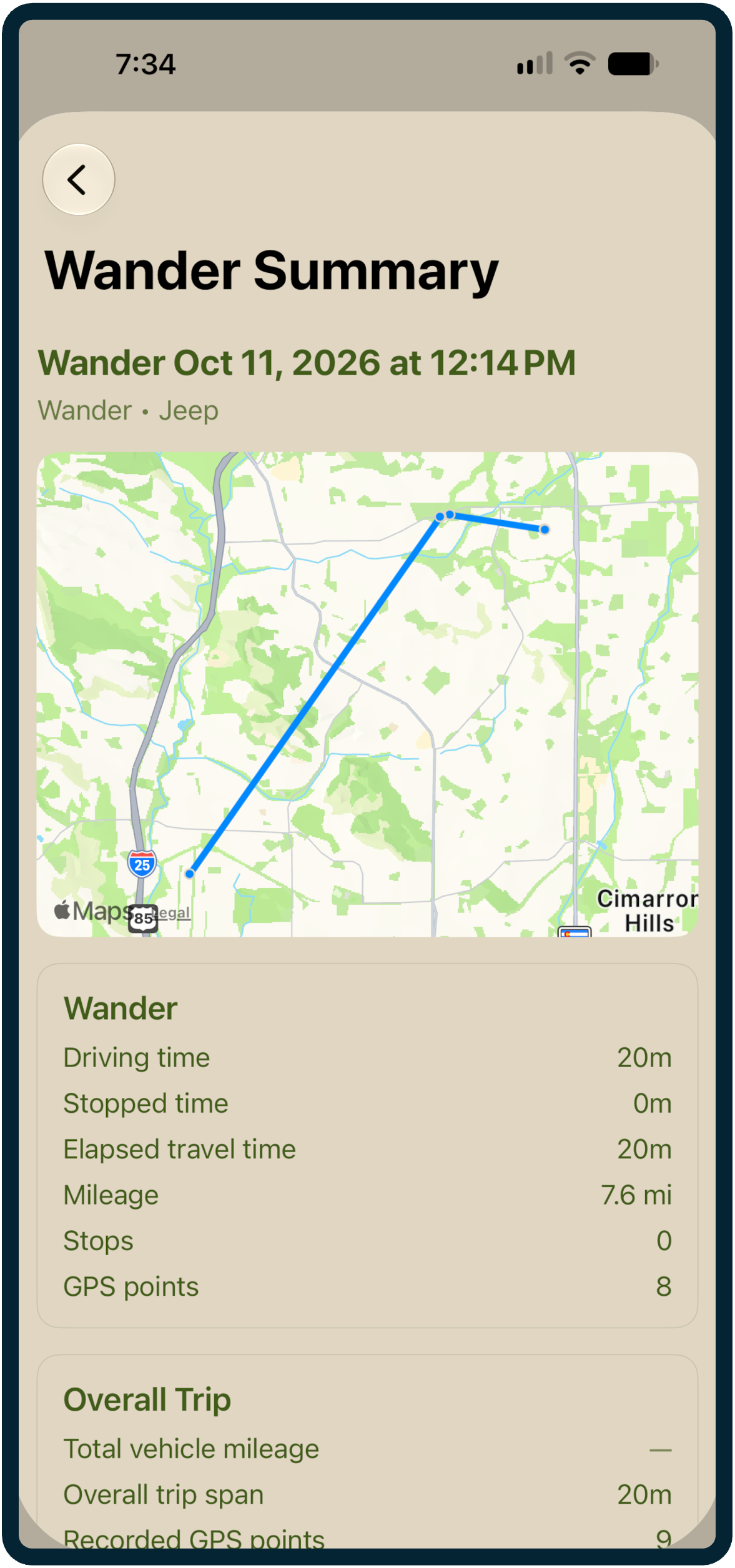 Wander summary showing recorded trip