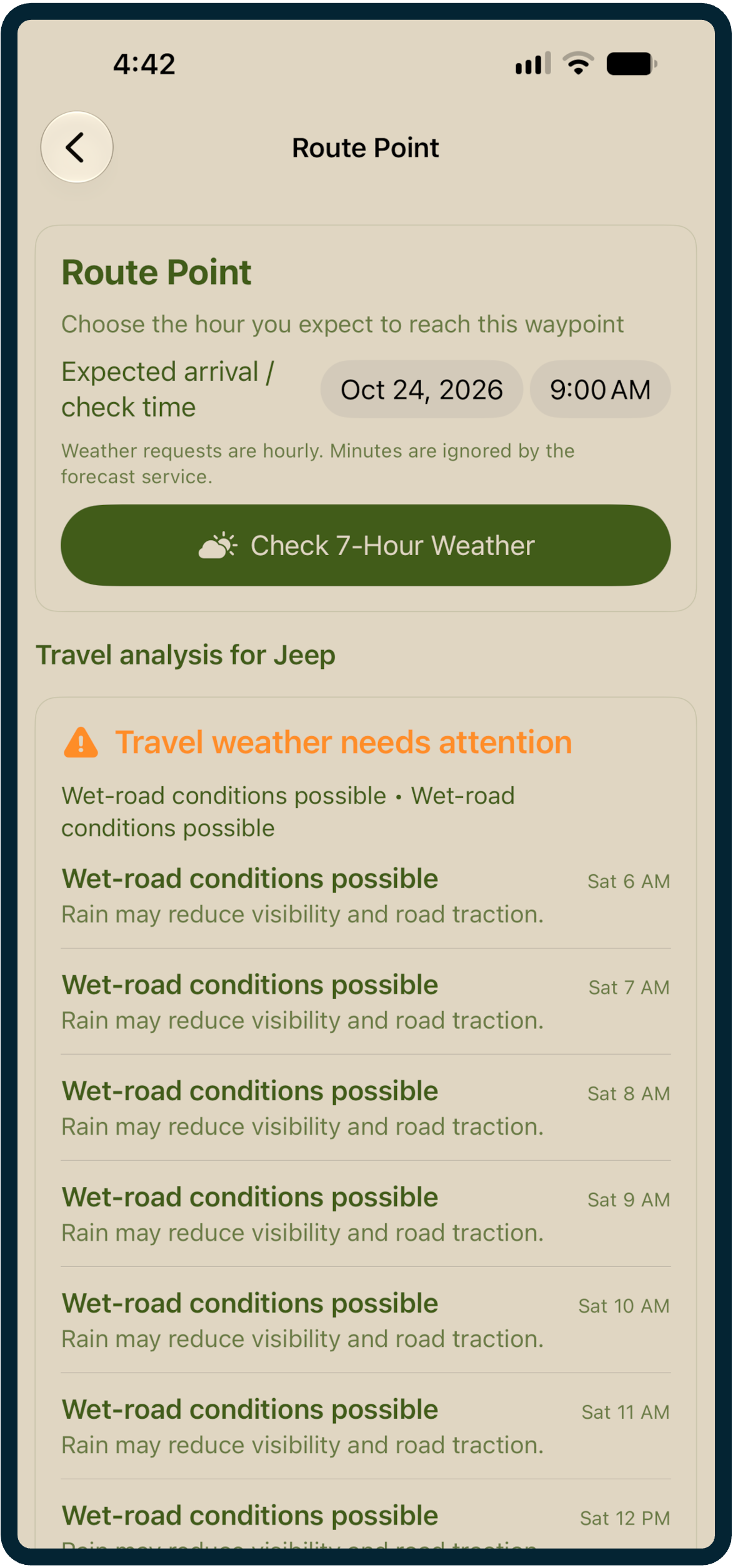 Seven-hour waypoint weather analysis and potential wet-road conditions